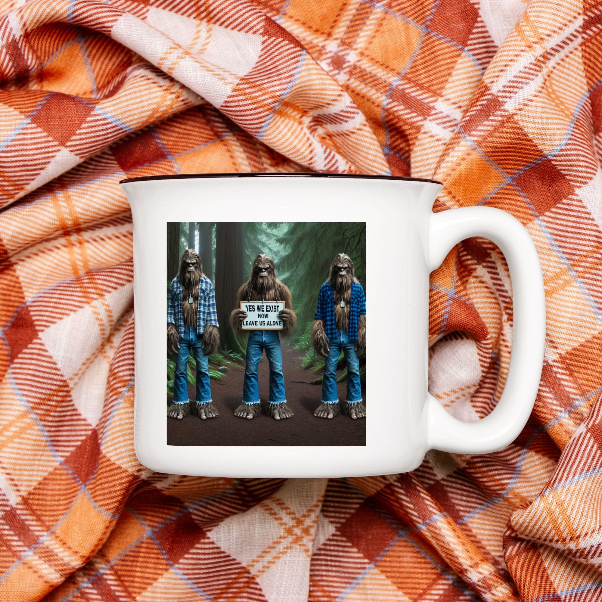 Three Sasquatch in Forest Camp Mug