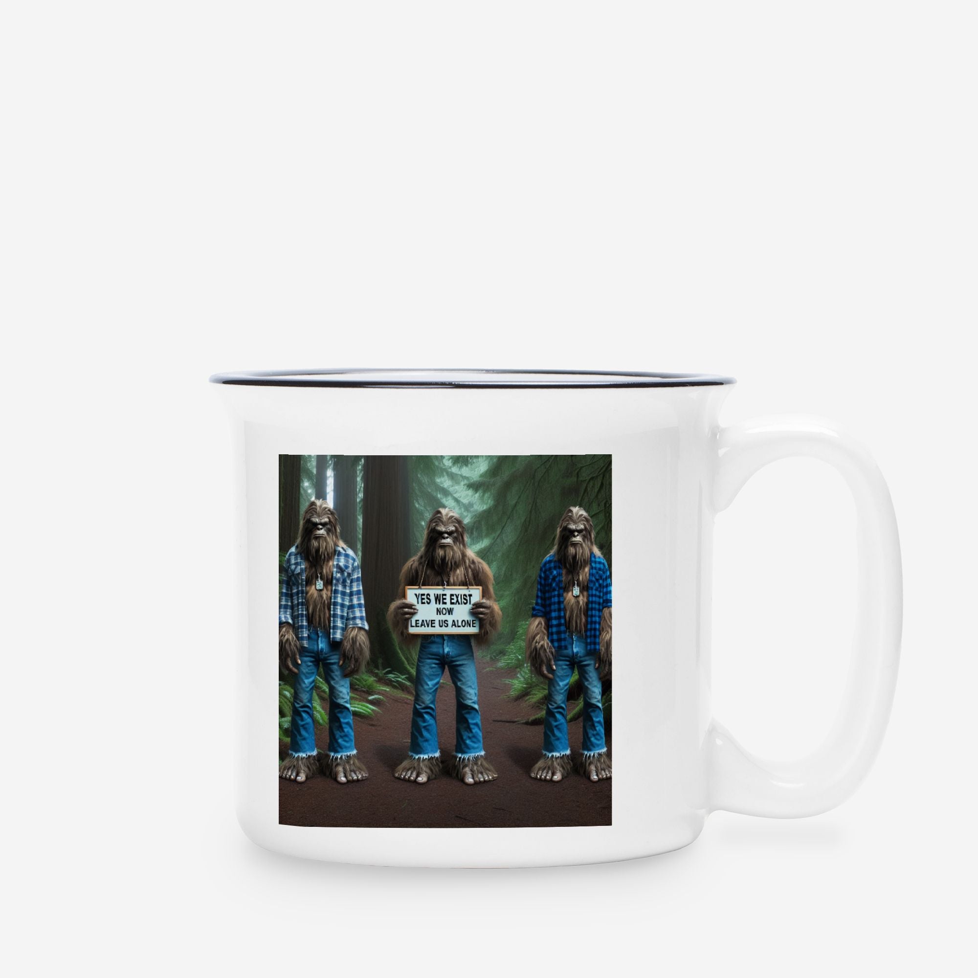 Three Sasquatch in Forest Camp Mug