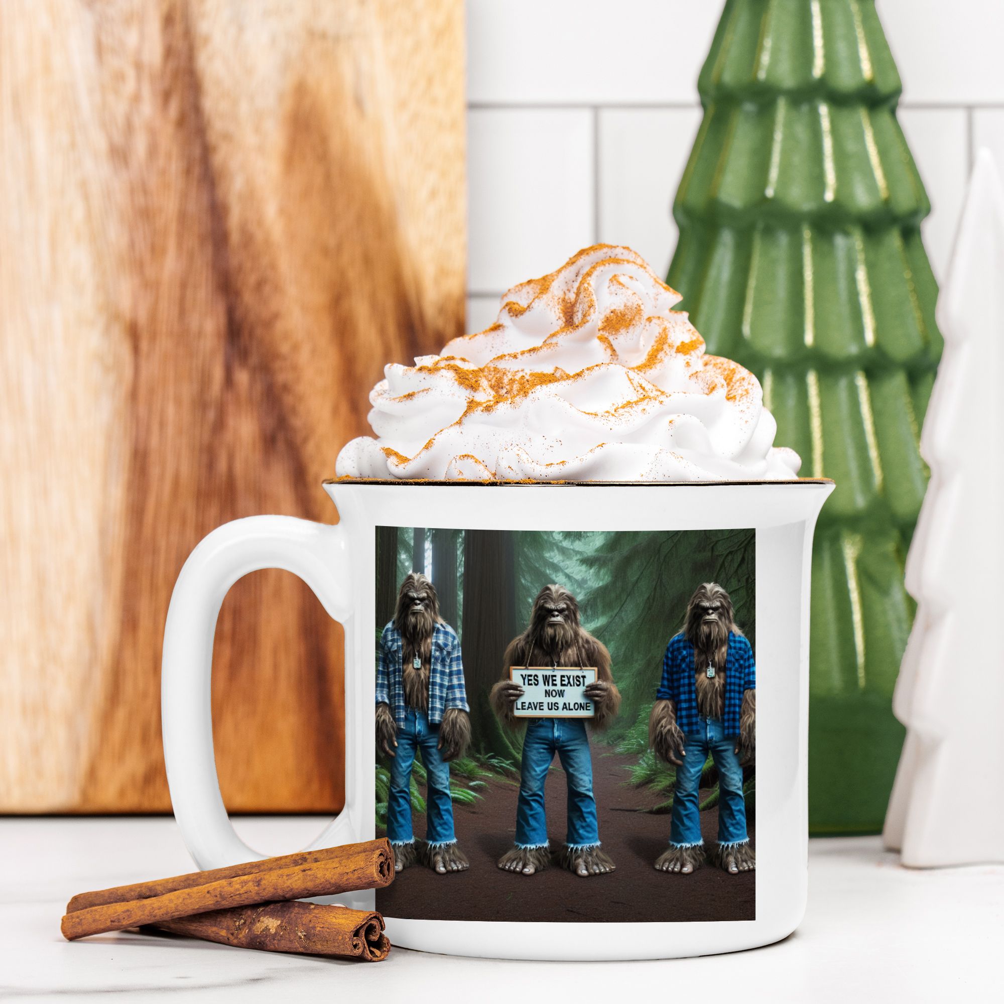 Three Sasquatch in Forest Camp Mug