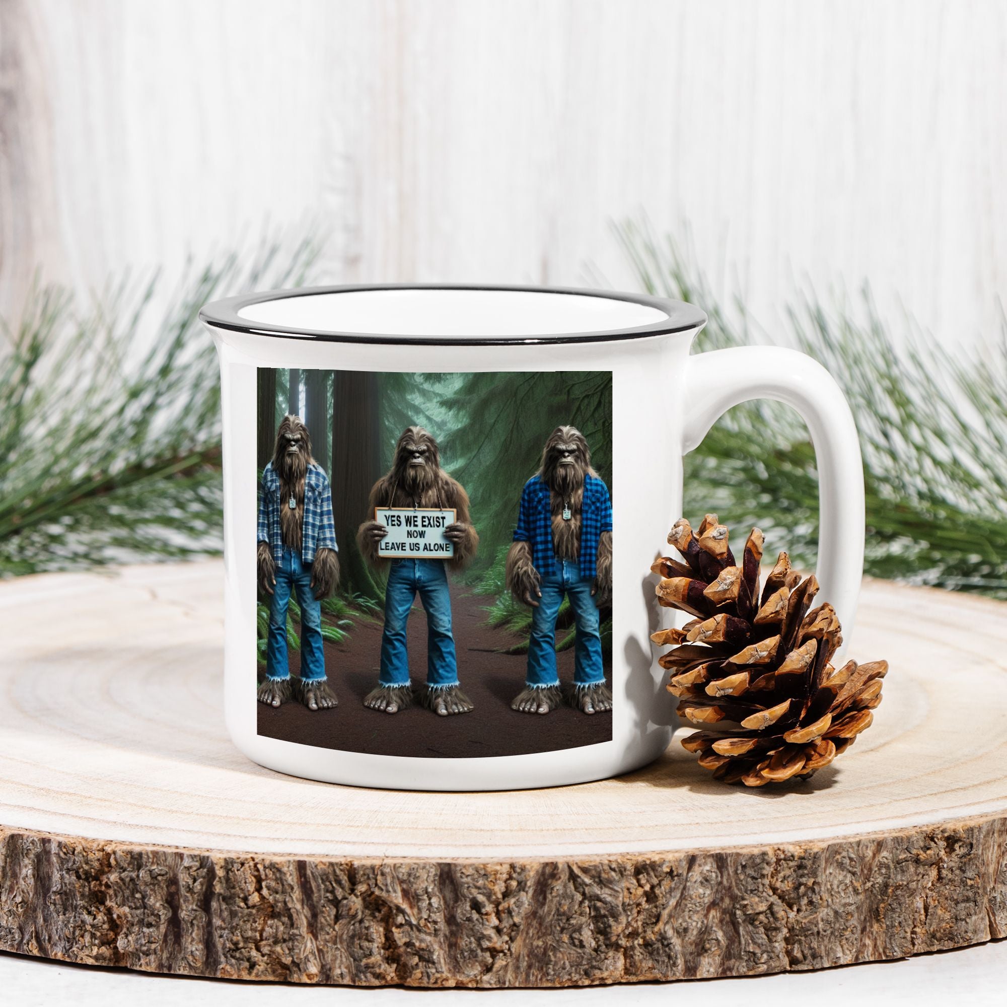 Three Sasquatch in Forest Camp Mug
